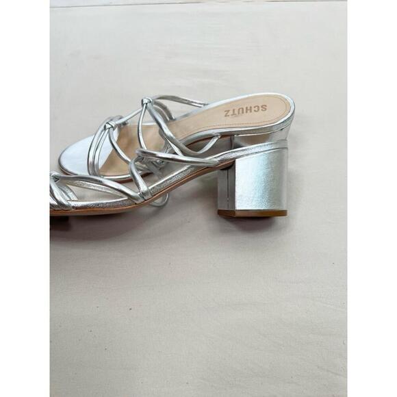Schutz Silver Strappy Design Block Heel Open Toe Sandal Leather Womens Size 8.5B - Picture 8 of 13